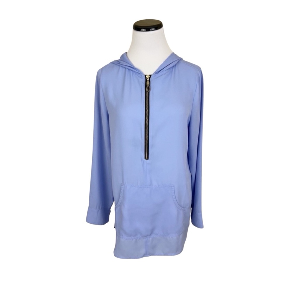 Soft Surroundings Half Zip Hooded Tunic Blouse Top With Front Pocket Blue Small
